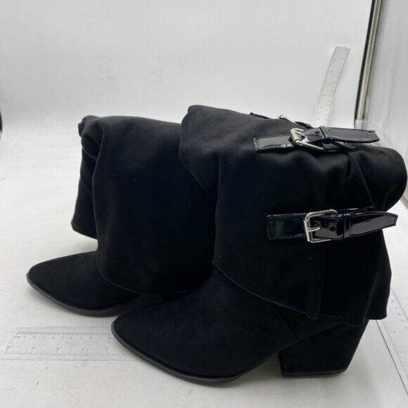 Fold Over Boots Knee High Chunky Block Heel Boots with Belts Black Shoes - Picture 3 of 7
